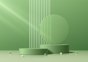 3D green cylindrical podium background with round glass, Vertical stripes scene. Minimalist mockup pedestal, Abstract stand product display presentation, Stage for showcase. Platforms vector design.