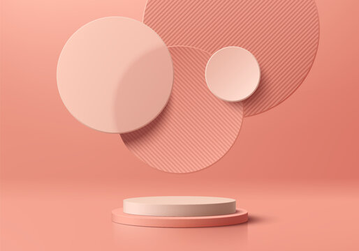 3D coral red cylindrical pedestal podium background with floating overlap circles wall scene. Minimalist mockup pedestal, abstract product display presentation, Stage showcase. Platforms vector design