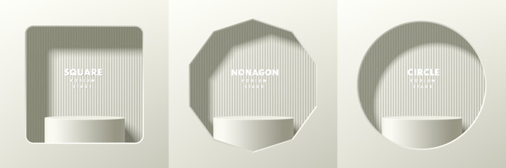 Set of white cream 3d cylindrical pedestal podium in square, nonagon and circle window on clean wall. Abstract studio room. Minimal scene for products stage for showcase, Promotion mockup display.