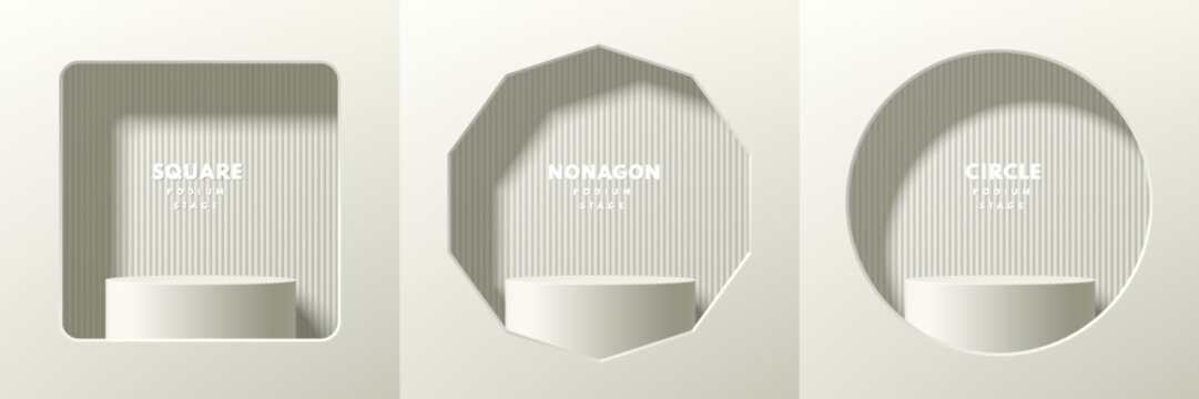 Set of white cream 3d cylindrical pedestal podium in square, nonagon and circle window on clean wall. Abstract studio room. Minimal scene for products stage for showcase, Promotion mockup display.