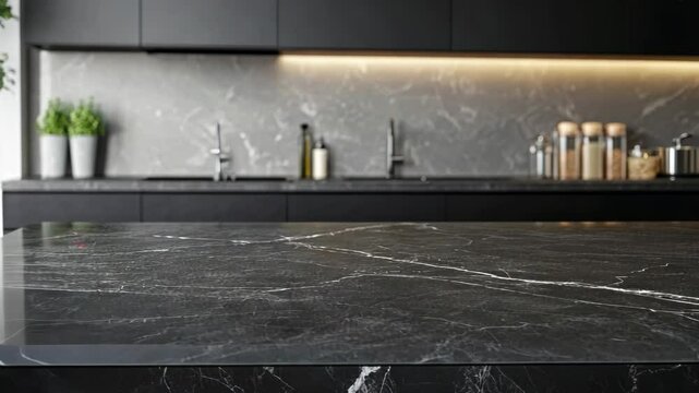 Modern black marble kitchen countertop with minimalistic design and stylish fixtures in a contemporary setting