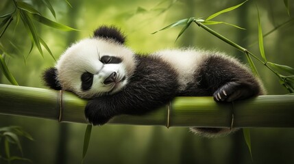 Fototapeta premium Adorable Baby Panda Cuddling on a Bamboo Tree in a Forest Setting