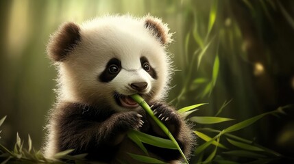 Obraz premium Adorable Baby Panda Eating Bamboo in Lush Green Environment
