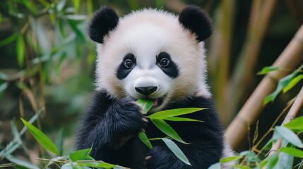 Obraz premium Adorable Baby Panda Eating Bamboo in Lush Green Habitat