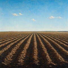 Plowed field under a vast blue sky.  Detailed rows of rich brown earth stretch to the horizon, creating a serene and expansive landscape.