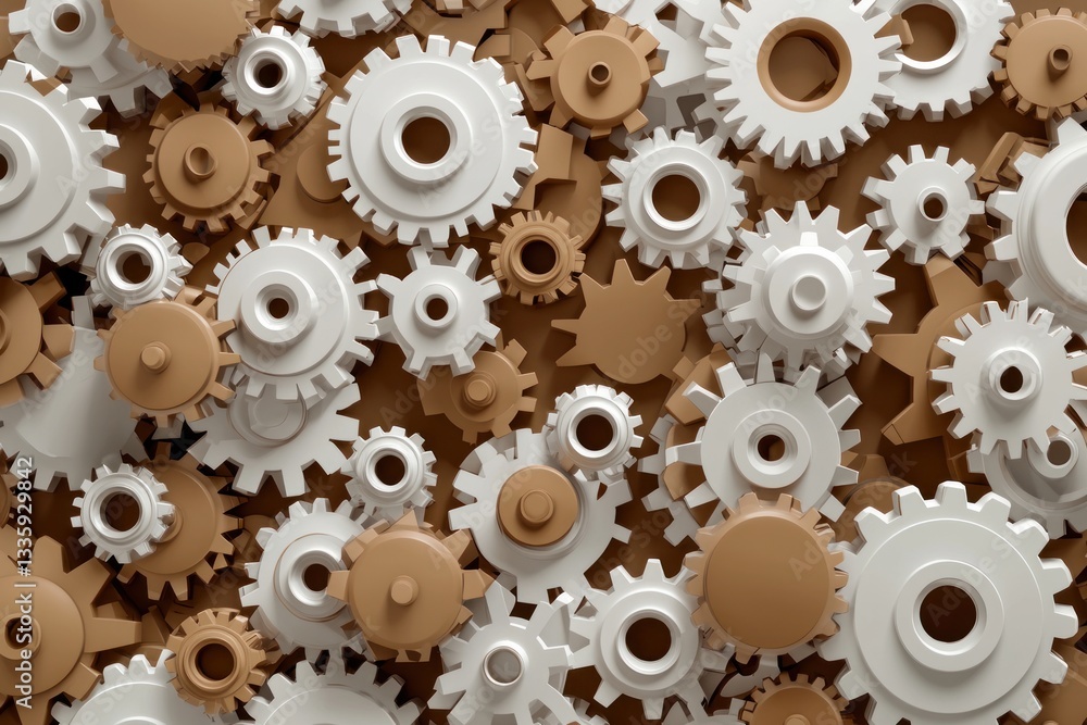Poster mechanical gears system beige and white gears overlapping in an abstract concept of motion and power