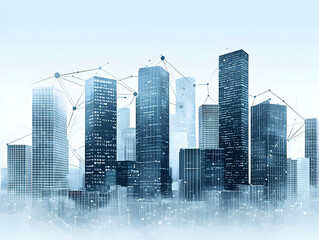 Obraz premium Smart city skyline, network connections, futuristic urban landscape, technology background