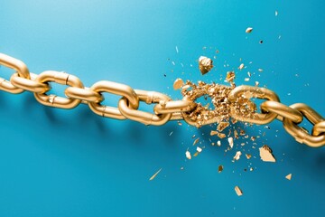 Golden chain fracture metaphor depicting freedom on vibrant background expressing breaking barriers and overcoming challenge under bright studio lighting