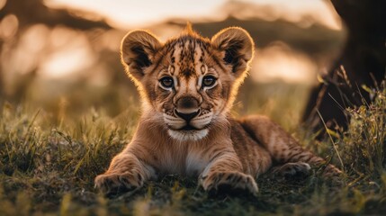 Adorable Lion Cub Relaxing in Golden Hour Light on Savanna