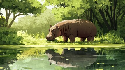 Fototapeta premium Hippo Grazing by Pond in Lush Forest
