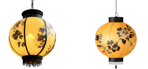 set of Yellow lantern with black floral pattern, hanging lamp with transparent background in PNG