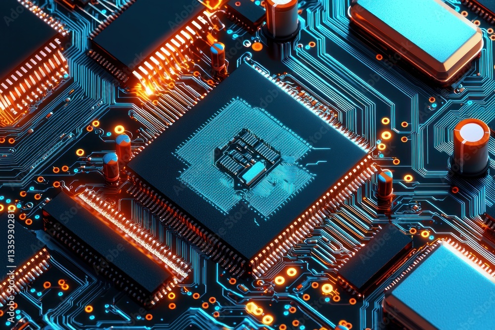 Poster intricate circuit board technology background featuring motherboard components processors and electr