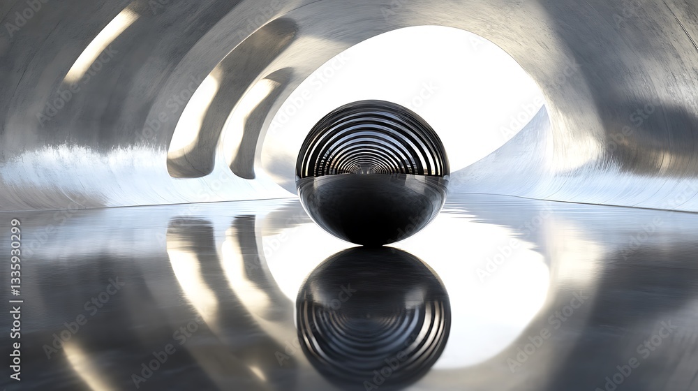Poster metallic sphere in a reflective tunnel: a study in minimalist architecture