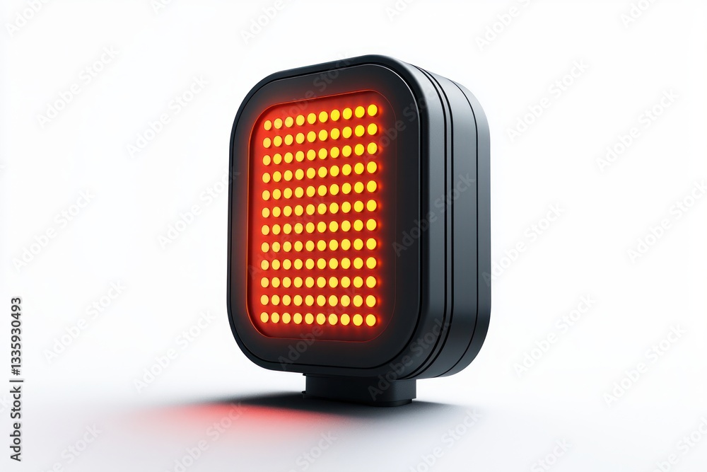 Poster glowing red light display with rounded dark frame on pure white background in studio shot