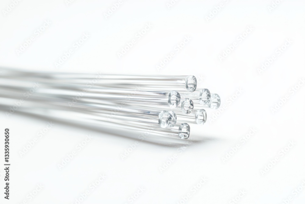 Poster minimalist image of clear glass rods reflecting light creating unique pattern against white backdrop