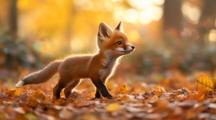 Fototapeta premium Adorable Red Fox Kit Walking in Autumn Leaves in Soft Light