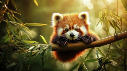 Adorable Red Panda Relaxing on Bamboo in Lush Green Forest