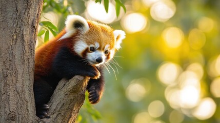 Obraz premium Adorable red panda resting on tree branch in vibrant forest setting