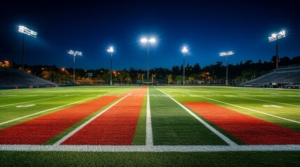 Obraz premium Nighttime football stadium with glowing lights on the green field, wide-angle ground view, dramatic atmosphere. 
