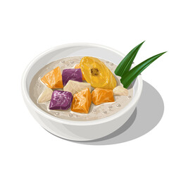 Traditional Bubur Cha Cha Vector Illustration. Colorful Nyonya Dessert with Sweet Potatoes, Yam, Banana and Coconut Milk.