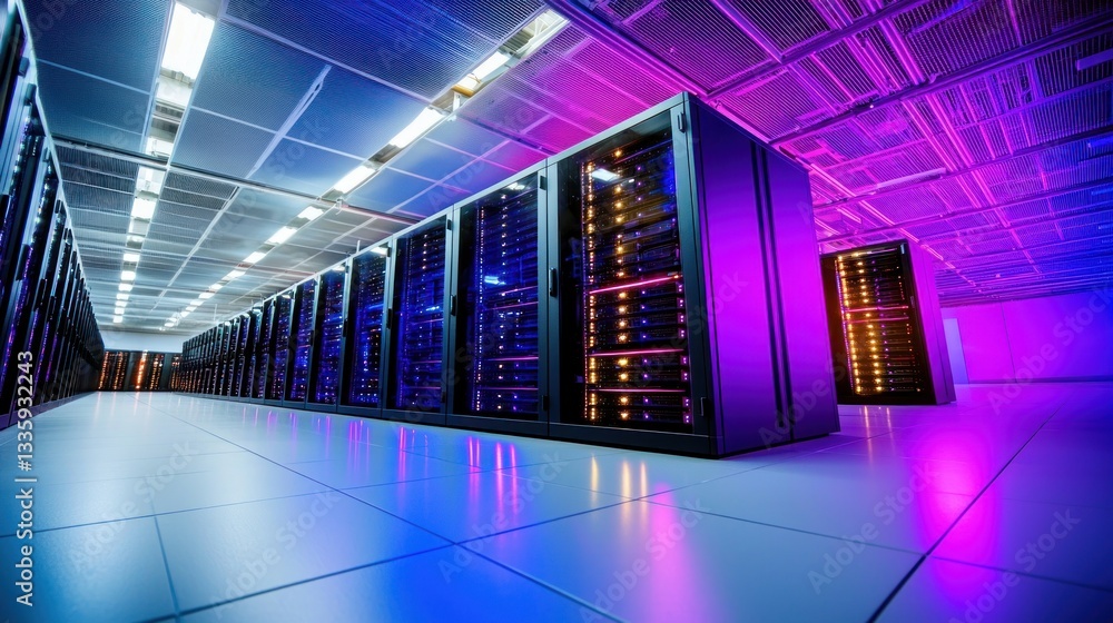 Poster data center servers rack in digital information technology complex with neon illumination