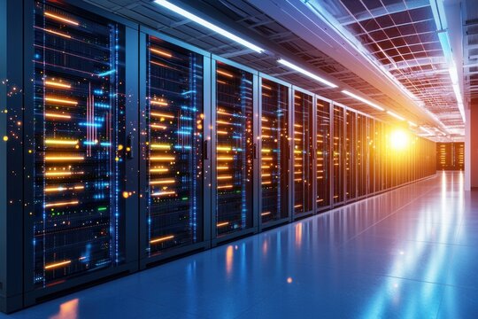 Digital information server room showcasing data center infrastructure with racks and network systems