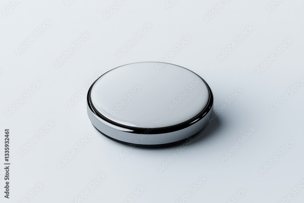 Poster shiny round chrome button isolated on white backdrop center view minimalist design clickable interfa