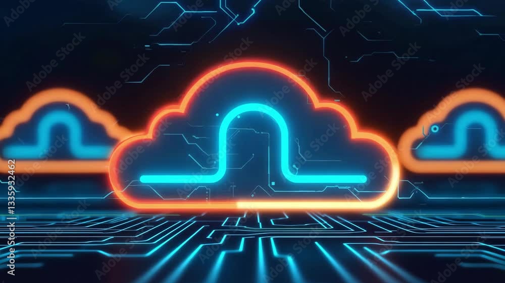 Aufkleber futuristic digital cloud technology design with neon circuits and vibrant colors, showcasing data co