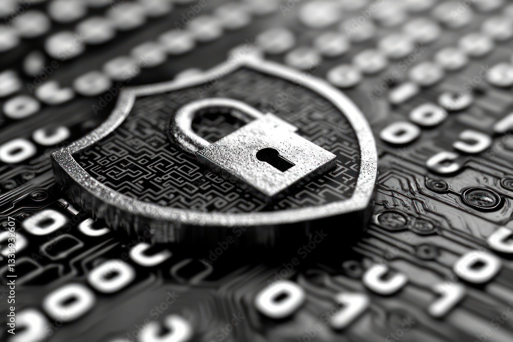 Poster padlock on shield representing data protection on the cyber circuit board artistic design concept