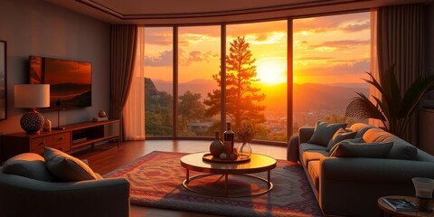 Cozy golden hour sunset illuminating a luxurious animated living room with a plush sofa, cozy, animation