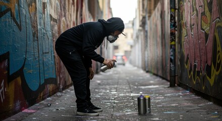 Urban artist spray painting vibrant graffiti in a narrow alleyway filled with colorful street art - bending over