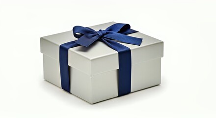 Obraz premium An Elegant Silver Gift Box With a Navy Blue Ribbon Tied Around It
