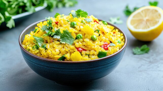 Delicious indian poha breakfast dish bowl with lemon and cilantro on a gray background angle side view for health food blog