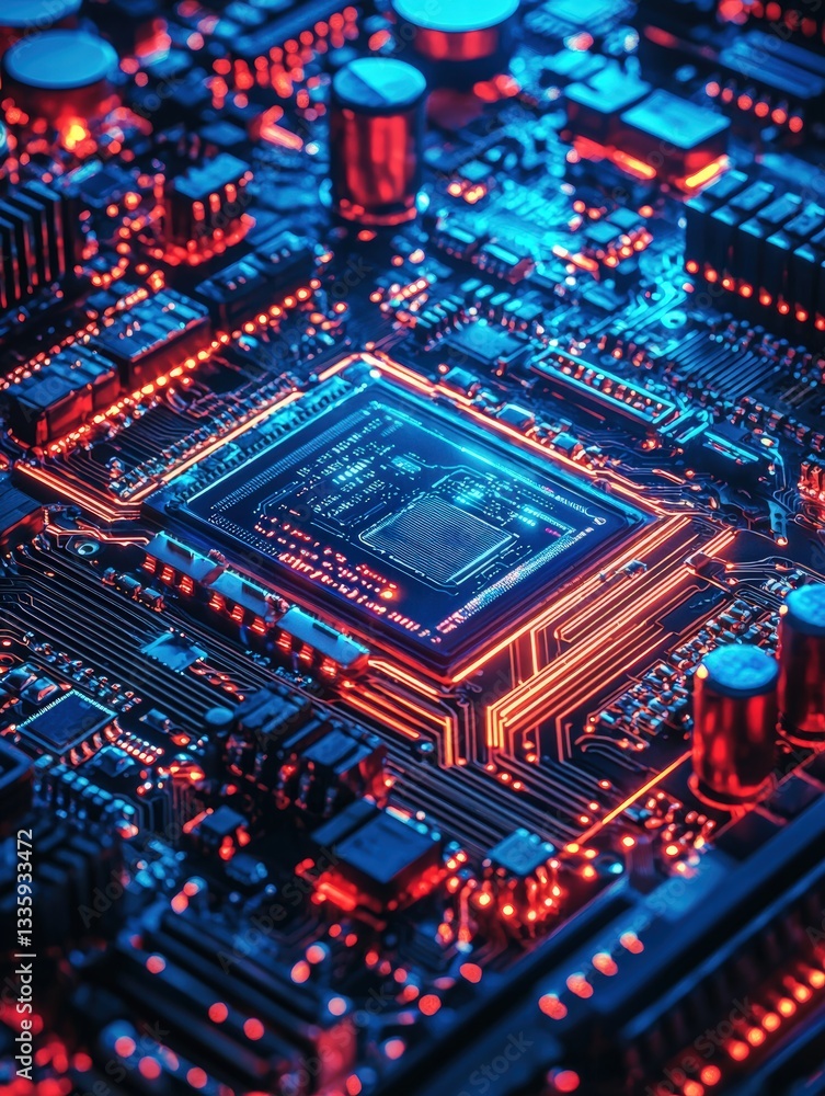 Poster close-up view of a computer motherboard featuring intricate circuits and components for technology