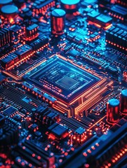 Fototapeta premium Close-up view of a computer motherboard featuring intricate circuits and components for technology