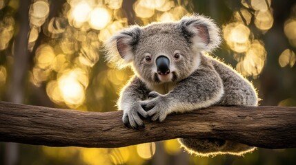 Fototapeta premium Close-up of a Koala Relaxing on a Branch in the Golden Hour