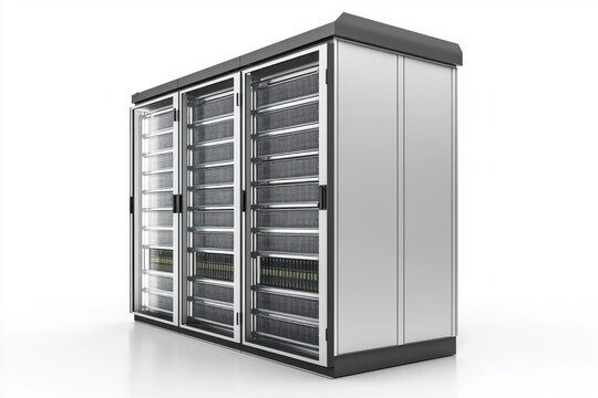 Server rack array in clean studio shot with server racks standing on a bright white glossy floor