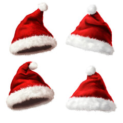 4 red Christmas hats, on transparent background 