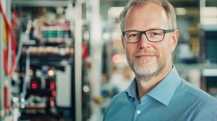 Smiling Middle-Aged Engineer in Glasses, Manufacturing Plant Portrait, Technology, Industrial Workplace, Technician, Factory.