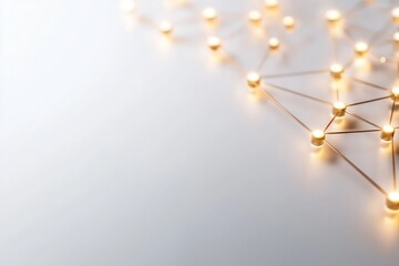 Abstract network connection concept with golden nodes and lines on a clean white backdrop illuminated with gentle light