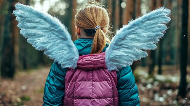 Child wearing angel wings in a forest during autumn, evoking a sense of wonder and adventure