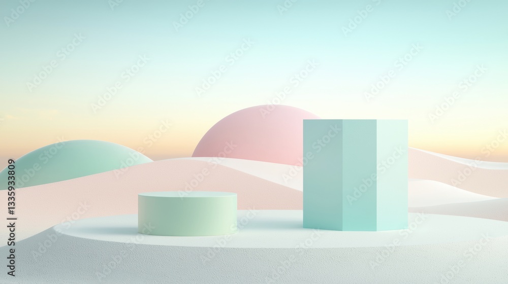 Poster a 3d rendering of a minimalist stage set against a serene landscape.
