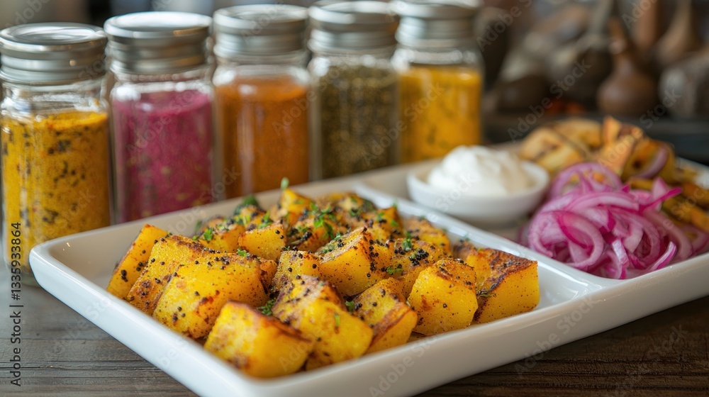 Poster butternut squash cubes with spice filled jars and sliced onions on a white tray showcasing rustic st