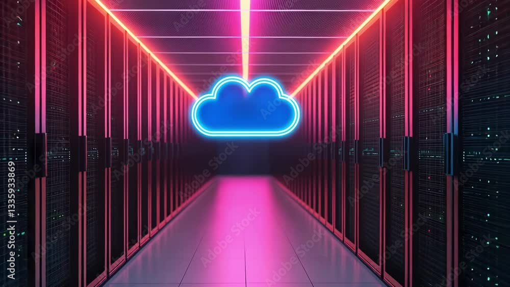 Poster futuristic data center digital corridor of technology with neon lights and cloud computing innovatio