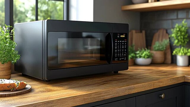 Modern black microwave appliance for cooking in stylish kitchen with wooden countertop and vibrant plants.