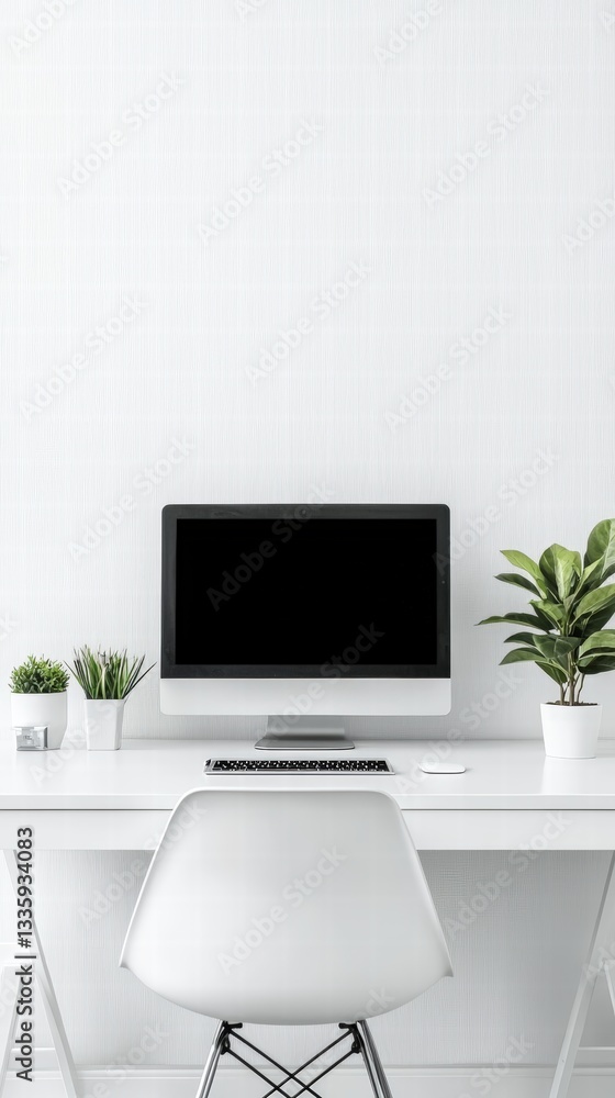 Poster productive home office setup with a computer and lively plant creating a stimulating work environmen