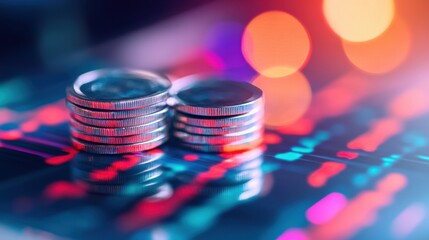 Stacks of coins on a digital trading chart with bokeh lights, investment, finance, banking, wealth.
