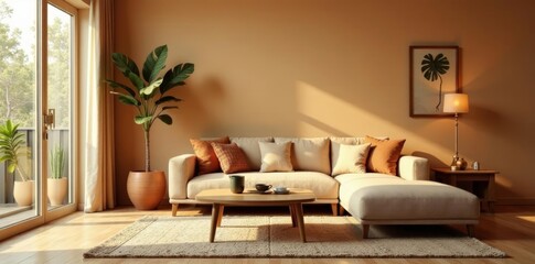 Cozy living room with warm tones, plush sofa and decorative accents, decorative, accents