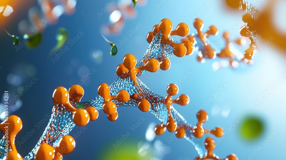 Poster vivid molecular chain with orange spheres and blue connection network displaying scientific visual c