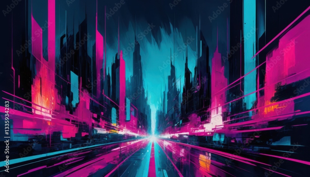Poster dynamic digital abstract art: bright fuchsia and neon cyan fusion in textured style
